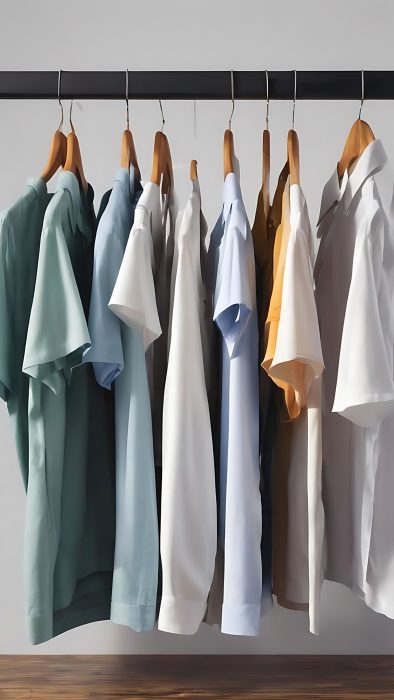 short-sleeve-shirt-cloth-hanger-with-white-wall-background
